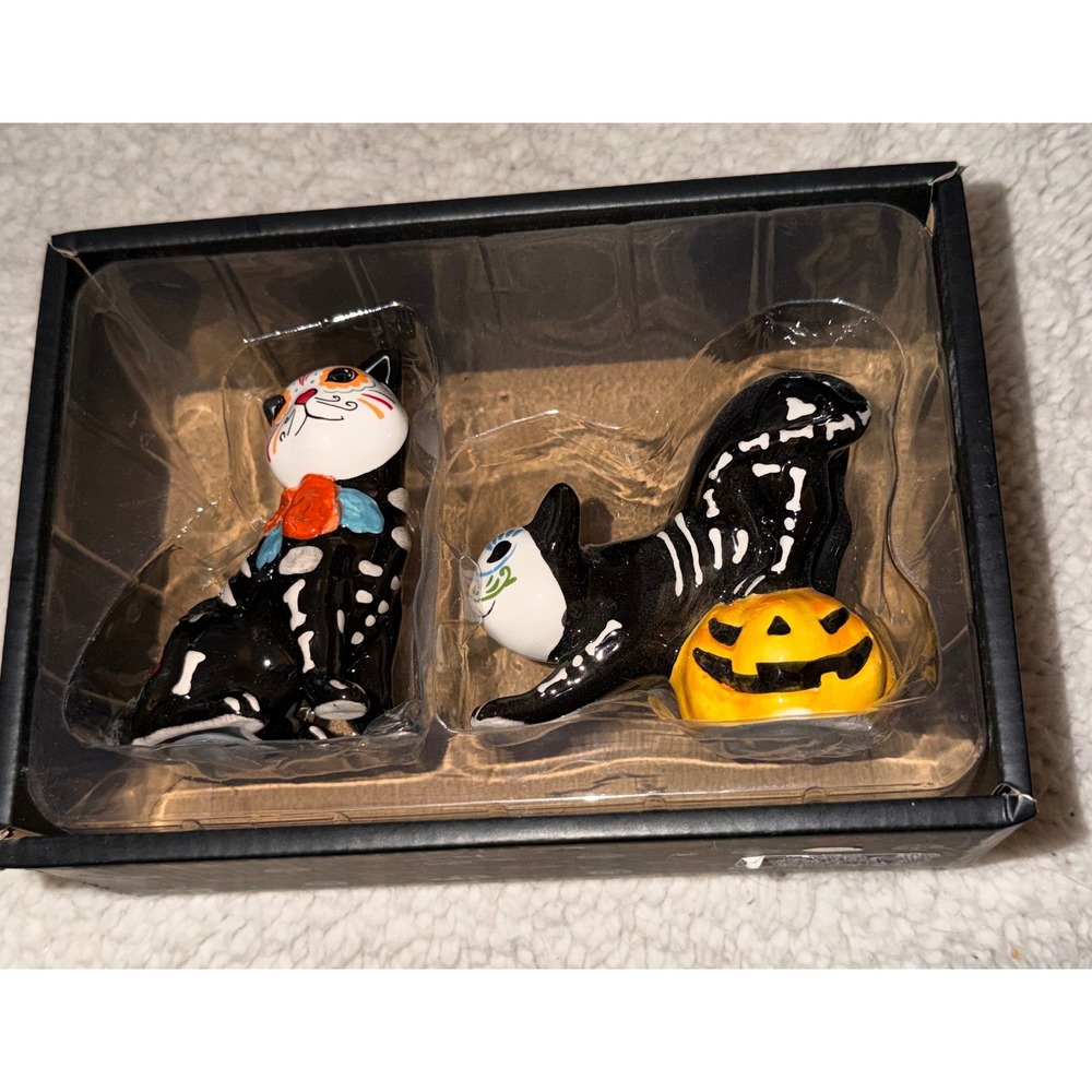 Day of the Dead Blue‎ Sky Clayworks Salt Pepper Shakers  Black Skeleton Cat
